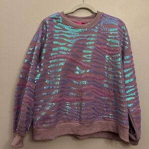 QOS Queen of Sparkles Purple Lavender Tiger sequin beaded Stripe sweatshirt Med